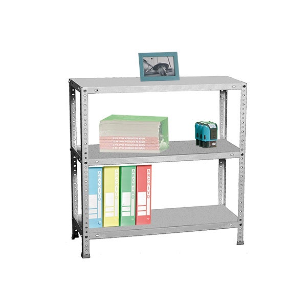 Verzinktes Metallregal mit drei Fachböden, bestückt mit Aktenordnern, Papierstapeln und Büroartikeln zur Archivierung.