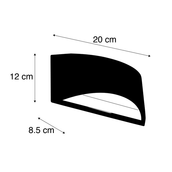 Diagramm einer Wandleuchte mit den Maßen 20 cm Breite, 12 cm Höhe und 8,5 cm Tiefe