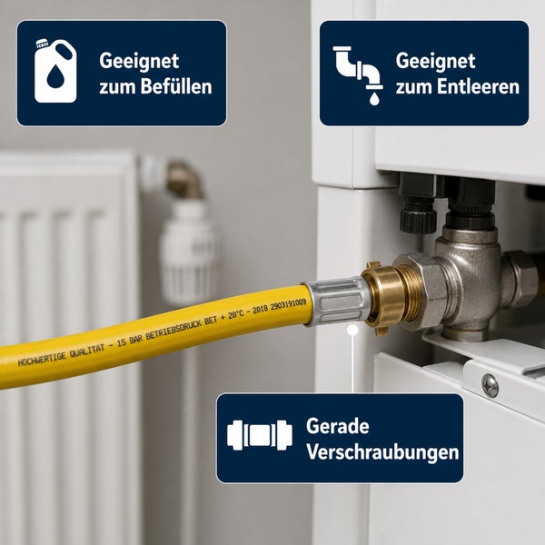 Heizungsfüllschlauch mit geraden Verschraubungen geeignet zum Befüllen und Entleeren von Heizungen