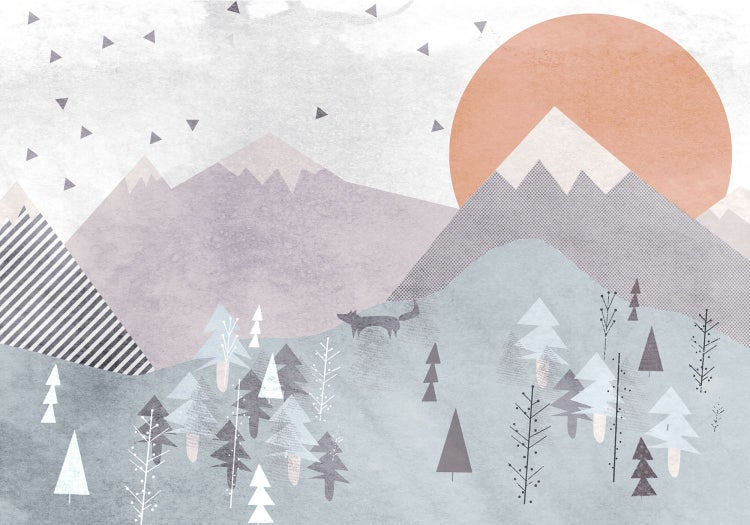 Dekorative Wald- und Berglandschaft mit Sonne und Tier