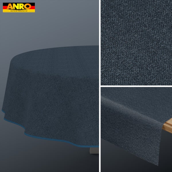 ANRO Logo. Strukturierte Tischdecke in Petrol, Ansicht auf einem runden Tisch und Detailaufnahme der Gewebestruktur.