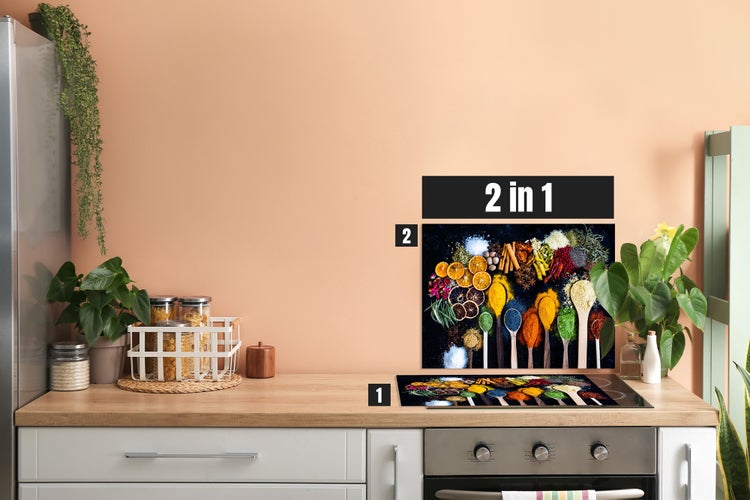 Herdblende-/Abdeckplatte Abdeckplatte Herd - Acrylglas Gewürze Bunt | Spritzschutz | Küchenrückwand |  Lokal produziert Camping | COV00053 | 80cm x 52cm x 0.4cm