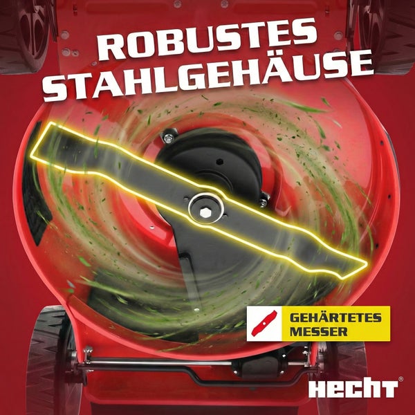 Unterseite eines Rasenmähers mit gehärtetem Messer und robustem Stahlgehäuse. Hecht Logo.