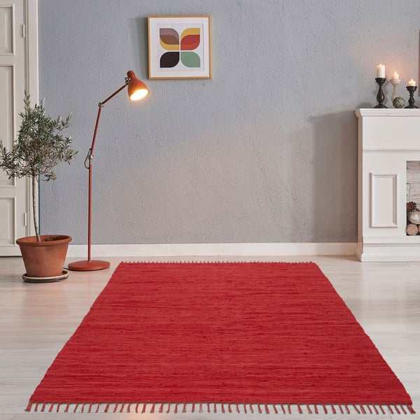 Handgewebter Fleckerlteppich aus Baumwolle Chindi Rot 70x140 cm