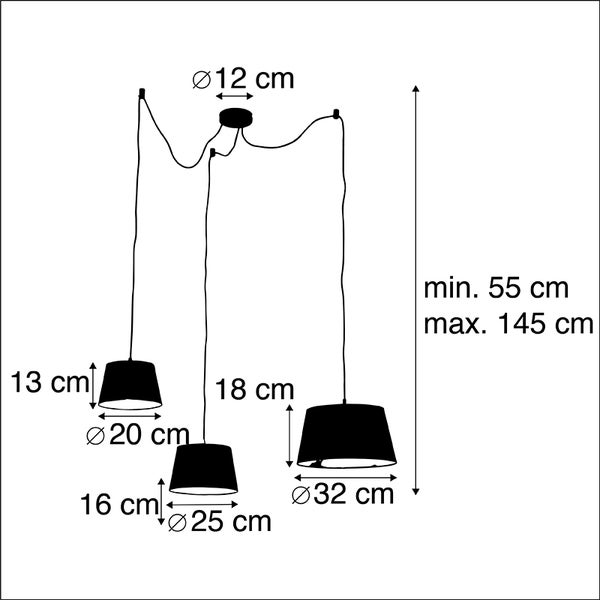 Maßzeichnung einer 3-flammigen Pendelleuchte mit Durchmessern von 12, 20, 25 und 32 Zentimeter sowie einer Höhe von 55 bis 145 Zentimeter.