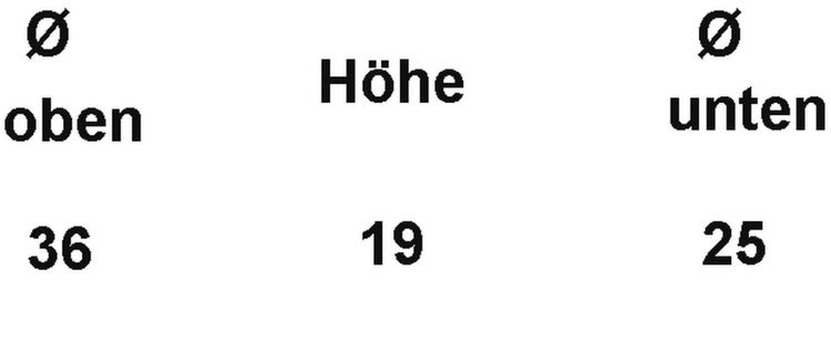 Maßskizze mit Durchmesser oben 36 Zentimeter, Höhe 19 Zentimeter und Durchmesser unten 25 Zentimeter.
