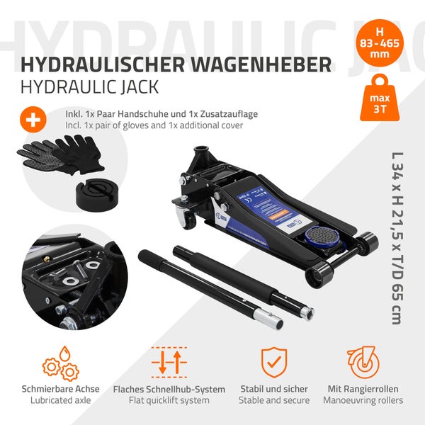 Hydraulischer Wagenheber mit einer maximalen Traglast von 3 Tonnen inklusive Handschuhe und Zusatzauflage