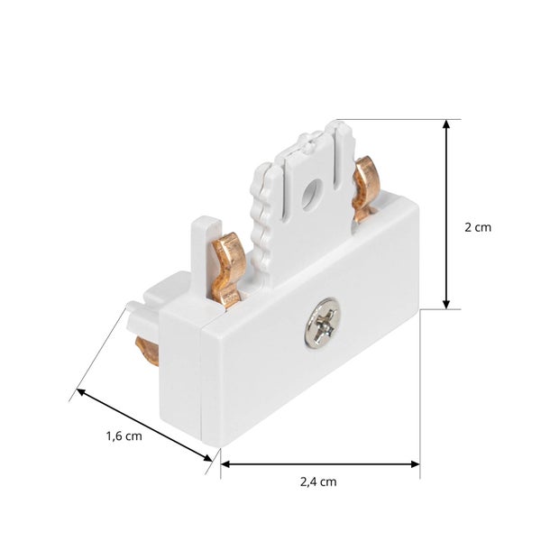 Weiße Einspeiseklemme für Phasenschienen aus Kunststoff mit Metallkontakten, Maße 2,4 Zentimeter mal 1,6 Zentimeter mal 2 Zentimeter.