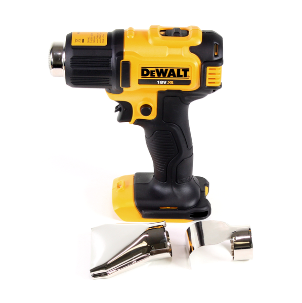DeWalt 18 Volt Akku-Heißluftpistole mit zwei verschiedenen Düsenaufsätzen.