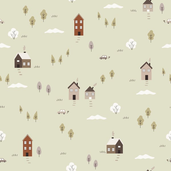 Nahtloses Muster mit kleinen Häusern, Bäumen, Autos und Wolken in einfachem illustrativen Stil.