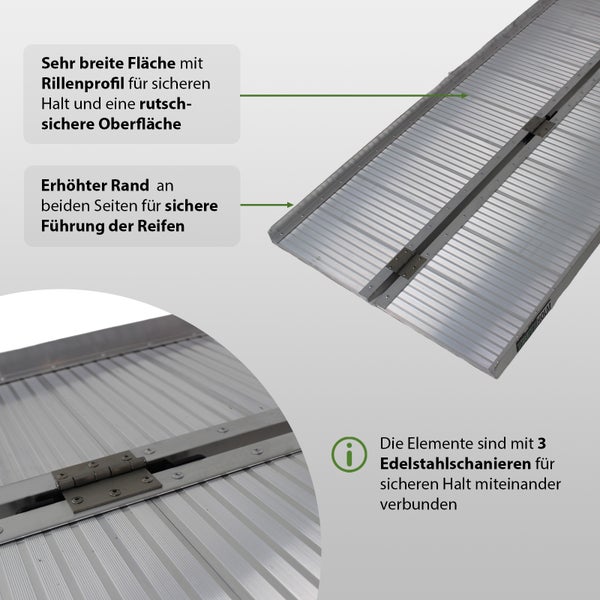 Detailansicht einer Aluminiumrampe mit breiter Fläche und Rillenprofil für sicheren Halt.