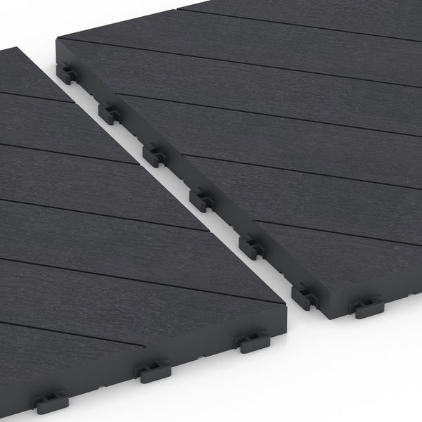 Dunkelgraue Klickfliese aus Holz-Kunststoff-Verbundwerkstoff mit Holzstruktur und Klick-Verbindungssystem.
