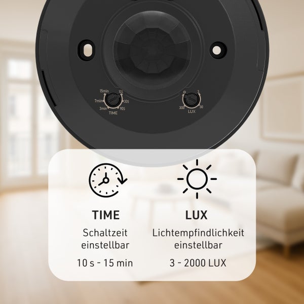 Bewegungsmelder Detailansicht mit einstellbarer Zeit und Lichtempfindlichkeit