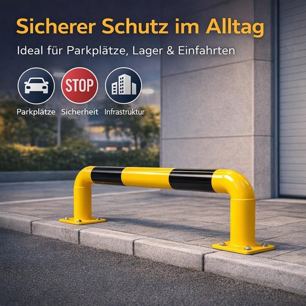 Rammschutzbügel aus Metall in Gelb und Schwarz, fest am Boden montiert zur Absicherung von Parkplätzen und Einfahrten.