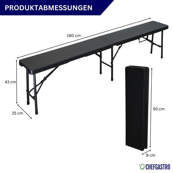 Schwarze Bierbank: 180 Zentimeter lang, 43 hoch, 25 breit. Zusammengeklappt 93 mal 9 Zentimeter. CHEFGASTRO Logo.