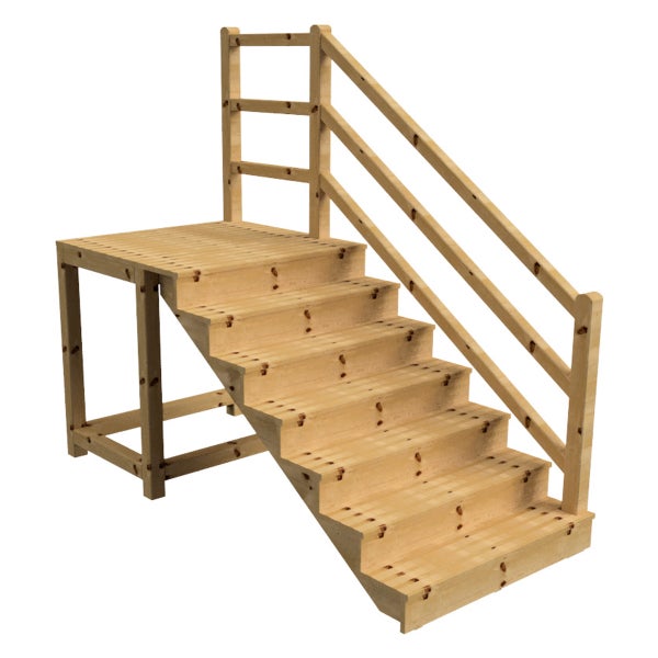 Holztreppe mit Plattform und Geländer