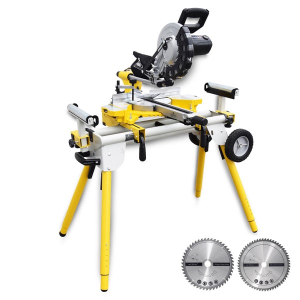 Kapp- und Gehrungssäge mit Untergestell und zwei Sägeblättern