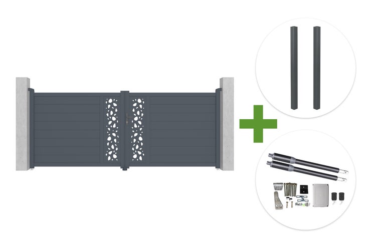 Zweiflügeliges Einfahrtstor aus Aluminium mit Dekorelementen, inklusive zwei Pfosten und elektrischem Torantrieb.