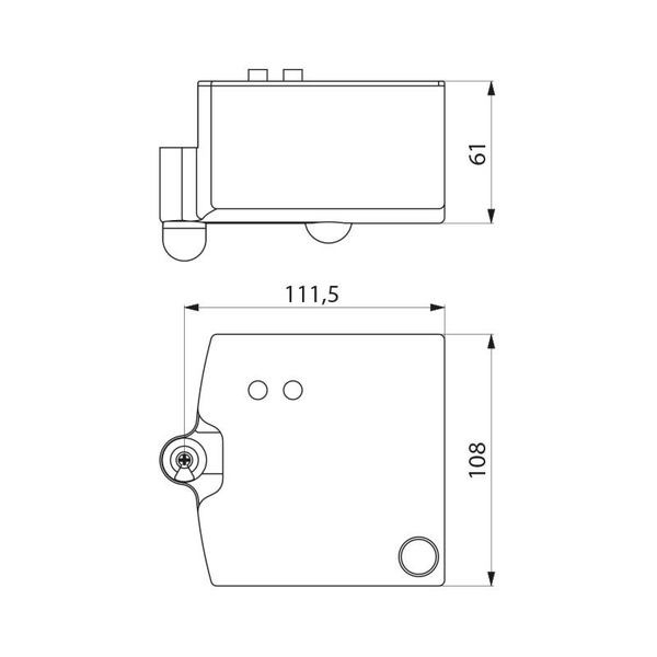 Maßzeichnung mit den Abmessungen 111,5 Millimeter, 108 Millimeter und 61 Millimeter.