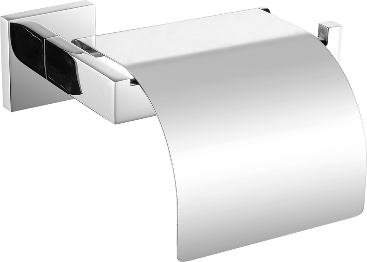 Toilettenpapierhalter mit Deckel aus Metall in modernem, eckigem Design.