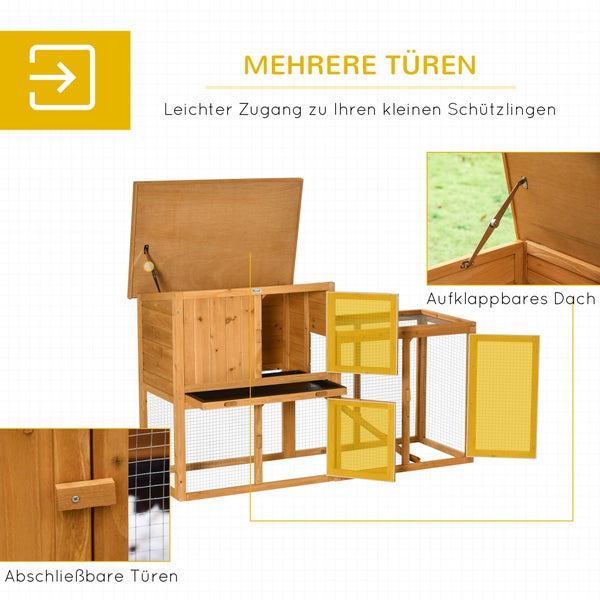 PawHut Kaninchenstall Kleintierstall mit herausnehmbarer Bodenwanne und Rampe Kleintierhaus Kleintierkäfig Outdoor Indoor Tannenholz Orange 141 x 60 x 86 cm