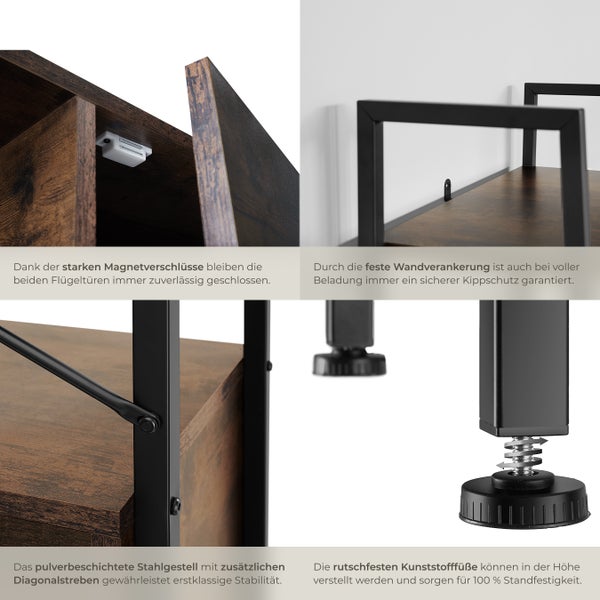 Detailansichten des Regals: Magnetverschlüsse, Wandbefestigung, Stahlgestell und verstellbare Füße