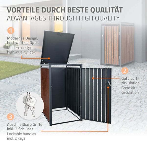 ML-Design Mülltonnenbox 3er 3 Tonnen 240L 200x80x116,3cm Anthrazit-Rostoptik, Stahl/Cortenstahl, Abschließbare Mülltonnenverkleidung Klappdeckel/3 Türen, Müllbox Mülltonnecontainer Mülltonnenabdeckung