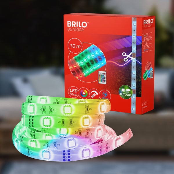 Brilo Outdoor LED-Streifen, 10 Meter, farbwechselnd, dimmbar mit Fernbedienung, kürzbar, Schutzart IP44 gegen Spritzwasser.