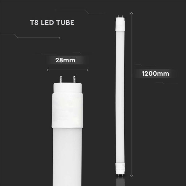 Weiße T8 LED Röhre mit einer Länge von 1200 Millimeter und einem Durchmesser von 28 Millimeter.