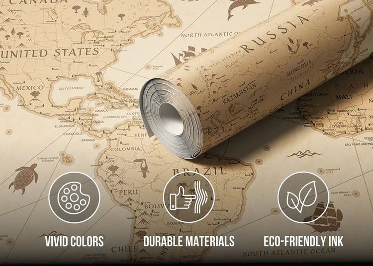 Vliestapete mit historischem Weltkarten-Motiv. Eigenschaften: Lebendige Farben, langlebige Materialien und umweltfreundliche Tinte.