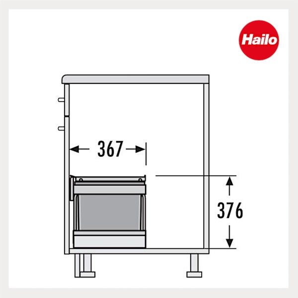 Technische Zeichnung eines Schranks mit Einbausystem, den Maßen 367 und 376 sowie Hailo Logo.