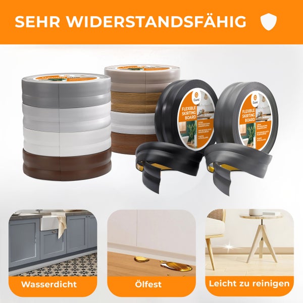 Set aus flexiblen selbstklebenden Sockelleisten in verschiedenen Farben und Holzoptiken für Bodenbeläge zur Abdichtung.
