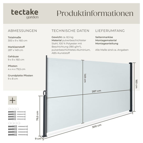 Produktinformationen für eine tectake Seitenmarkise mit Abmessungen von circa 300 mal 160 Zentimeter, technischen Daten und Lieferumfang.