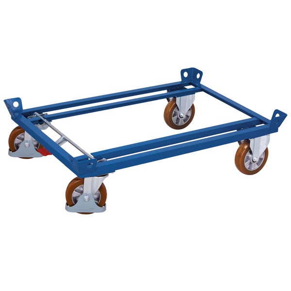 Blauer Transportroller aus Stahl für Paletten mit vier Lenkrollen und Feststellbremse.