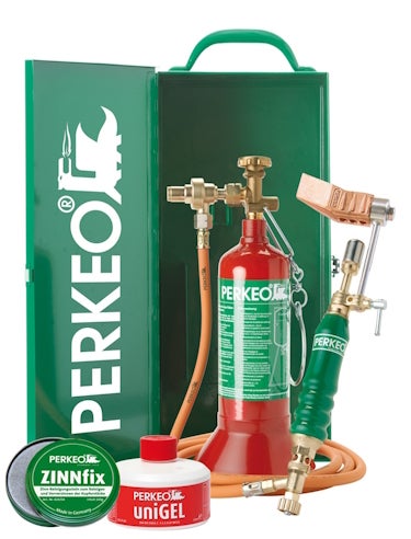 Perkeo Propan-Lötset im Metallkoffer mit Gasflasche, Schlauch, Lötbrenner, Zinnfix Stein und uniGEL Lötmittel.