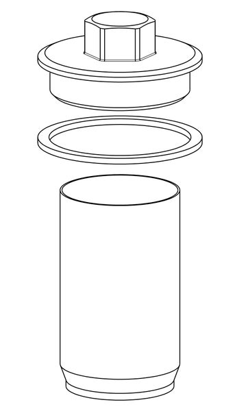 Technische Zeichnung in Explosionsdarstellung eines Rohrstopfens mit Dichtring und Sechskantaufsatz.
