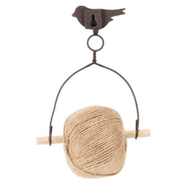 Wandmontierter Gartenkordelhalter aus Gusseisen mit Vogelmotiv, inklusive Juteschnur auf einer Holzspindel.