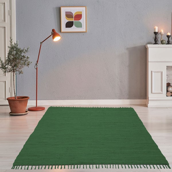 Handgewebter Fleckerlteppich aus Baumwolle Chindi Dunkelgrün 70x140 cm