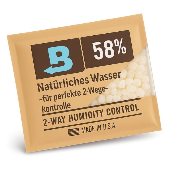 Boveda Beutel zur 2-Wege-Feuchtigkeitskontrolle mit 58 Prozent zur natürlichen Feuchtigkeitsregulierung, Boveda Logo.