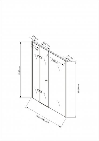 Technische Zeichnung einer Duschkabine mit Maßangaben