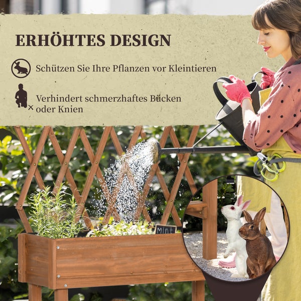 Outsunny Hochbeet mit Rankgitter, Blumenkasten mit Ablage, Pflanzkübel mit Rollen, Pflanzkasten für Terrasse, Balkon, Massivholz, Braun, 79 x 29 x 130 cm