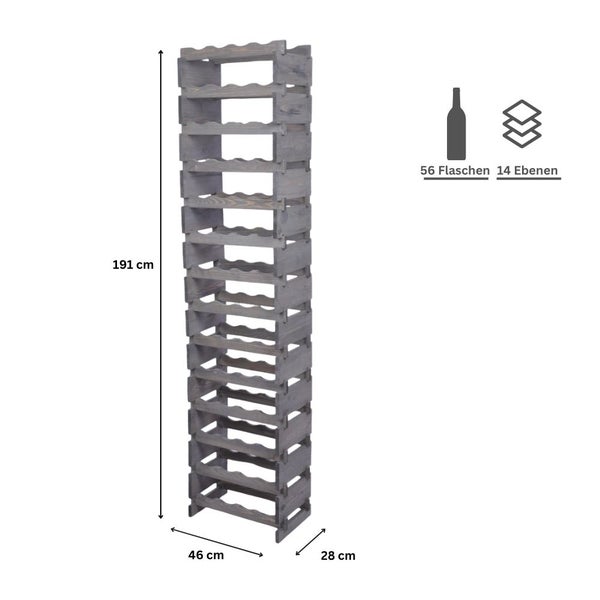 Weinregal VINOTECA FLEX PRO HxBxT 191x46x28cm 56 Flaschen auf 14 Ebenen Massives Kiefernholz Grau