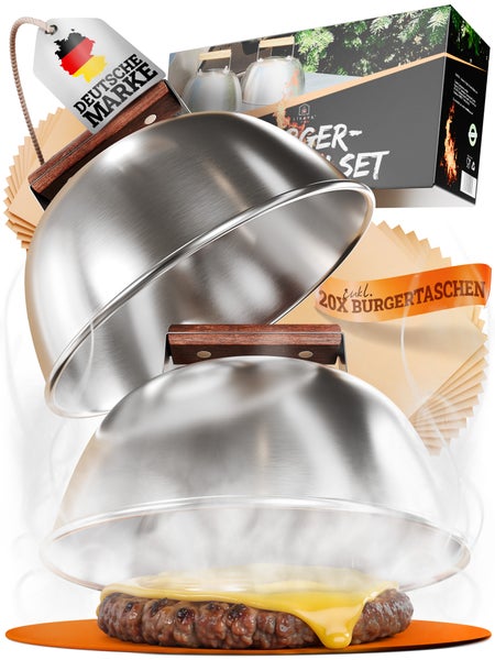 LIKAYA® Burgerglocken-Set [3-tlg.] für Smash Burger aus Edelstahl & Akazienholz-Griffen für Plancha, Grillplatte, Gasgrill & Feuerplatte | 2x Burgerglocke & 20x Burgerpapier