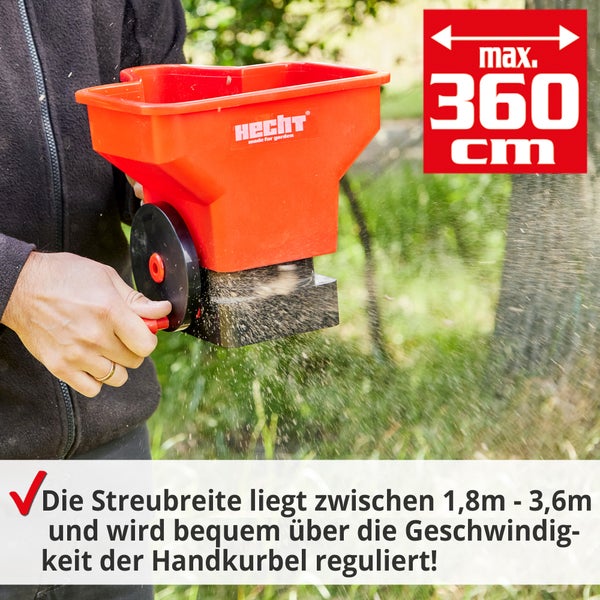 Hecht Logo. Streuwagen mit einer maximalen Streubreite von 360 Zentimetern wird von einer Person bedient.