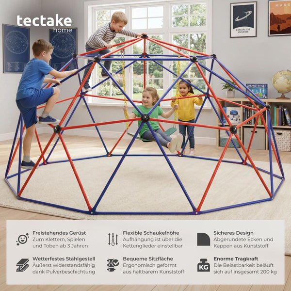 tectake home Logo. Freistehende, sichere Kletterkuppel aus wetterfestem Stahl mit bequemer Schaukel, Kinder spielen in einem hellen Zimmer.