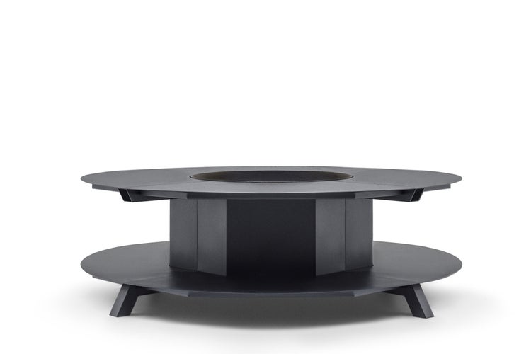 The Favilla Fuji Feuerschale Schwarz – Feuerstelle mit Holzfach & Abdeckhaube | 120x120x46 cm | Pulverbeschichtet, wetterfest & vormontiert | Gartenofen für Terrasse & Outdoor-Lounge
