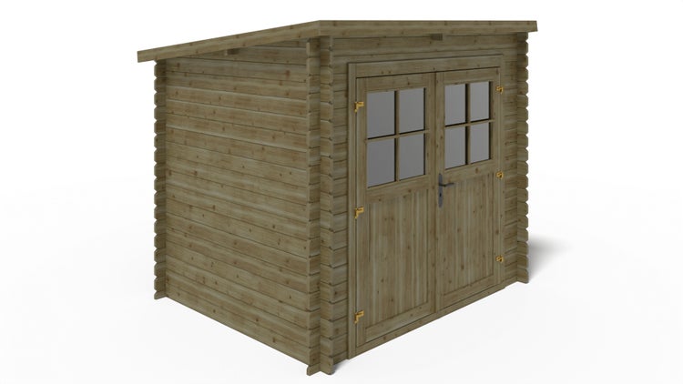 Holzgartenhaus mit Doppeltür und Fenster im Garten