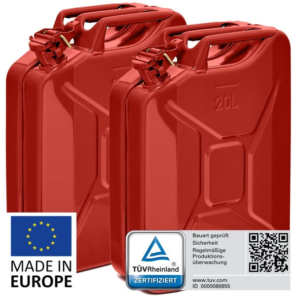BW® Kraftstoffkanister Metall Benzinkanister 2x 20 Liter - Rot - RAL 3000 - TÜV-geprüft und UN-Zulassung - Made in Europe