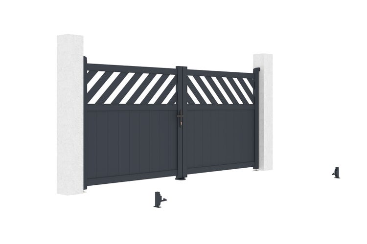 Zweiflügeliges Einfahrtstor aus Aluminium in Anthrazit mit diagonalen Lamellen im oberen Bereich und blickdichtem Unterteil.