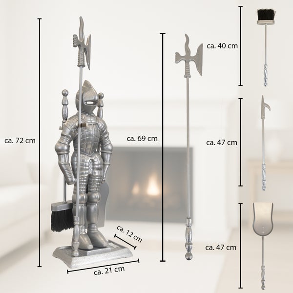 Kamingarnitur mit Ritterfigur und Kaminbesteck